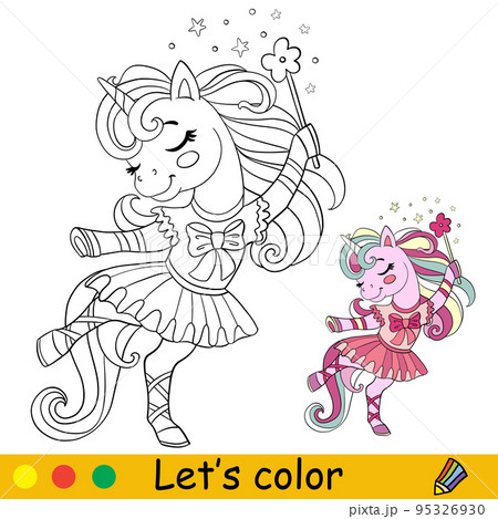 Cartoon unicorn ballerina in dress coloring...のイラスト素材 [95326930] - PIXTA