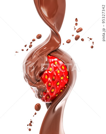 Strawberry covered with hot melted chocolate sauce, abstract background dessert, isolated 3d rendering 95327342