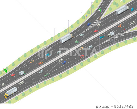 アイソメトリック図法で描いた高速道路の出入口付近のイメージ（無地） 95327435