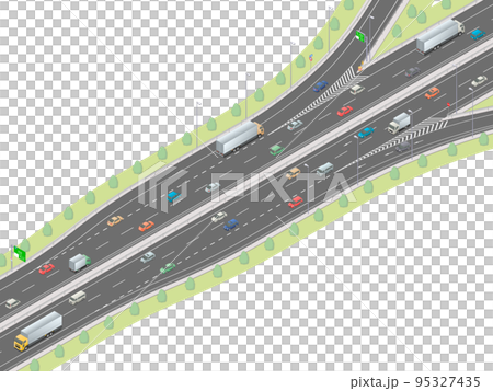 アイソメトリック図法で描いた高速道路の出入口付近のイメージ（無地） 95327435