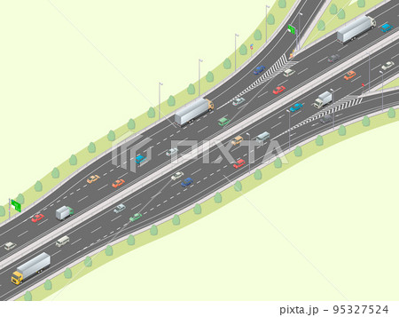 アイソメトリック図法で描いた日本の高速道路の出入口付近イメージ 緑地 のイラスト素材