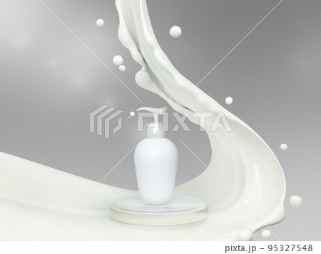 Milk cosmetics, skin care cosmetic product, body lotion in white bottle with silver dispenser in milk splash. 3d rendering. Liquid soap. Milk cosmetics, skin care cosmetic product, body lotion in white bottle with silver dispenser in milk splash. 3d rendering. Liquid soap. 95327548