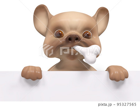 Puppy bulldog in mouth bone with poster, isolated 3d rendering 95327565
