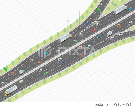 アイソメトリック図法で描いた高速道路の出入口付近のイメージ（マス目地） 95327654