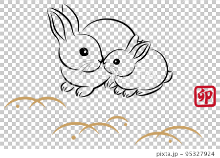 Year of the Rabbit New Year's card material Raising rabbits and Susuki Parents and children of cute rabbits Japanese style fashionable illustrations in brush painting style 95327924