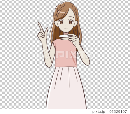 A woman holding a pregnancy test and pointing her index finger up A woman holding a pregnancy test and pointing her index finger up 95329107