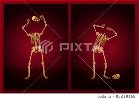 Skeleton juggling his skull and losing his head during a creepy, spooky, funny halloween performance on a theater stage play. Vector illustration. Skeleton juggling his skull and losing his head during a creepy, spooky, funny halloween performance on a theater stage play. Vector illustration. 95329169