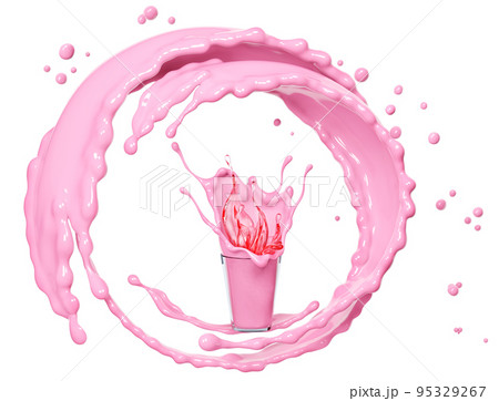 Splash of pink yogurt in glass isolated on white background, illustration for food dairy product ad poster. Abstract 3d rendering Splash of pink yogurt in glass isolated on white background, illustration for food dairy product ad poster. Abstract 3d rendering 95329267