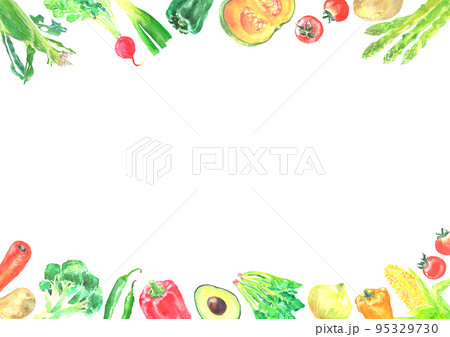 水彩で描いた色々な新鮮な野菜のフレームイラスト 95329730