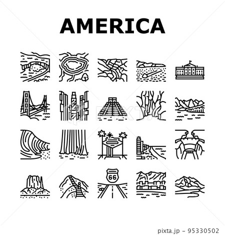 North America Famous Landscape Icons Set Vector 95330502