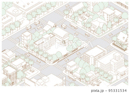 街並みの立体図. 都市の景観. 線画のイラスト. 95331534