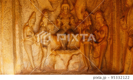 Varaha Caves, Sculpture of GajaLakshmi flanked by elephants and nymphs, Mahabalipuram, Tamilnadu, India Varaha Caves, Sculpture of GajaLakshmi flanked by elephants and nymphs, Mahabalipuram, Tamilnadu, India 95332122