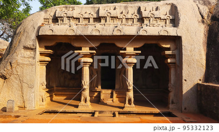 Outside facade of Varaha Cave showing four lion pillars, Mahabalipuram, Tamilnadu, India Outside facade of Varaha Cave showing four lion pillars, Mahabalipuram, Tamilnadu, India 95332123