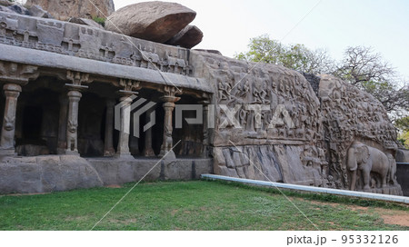 View of Pancha Pandava Mandapa and Descent of Ganges, Mahabalipuram, Tamilnadu, India View of Pancha Pandava Mandapa and Descent of Ganges, Mahabalipuram, Tamilnadu, India 95332126