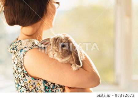 Decorative lop-eared gray cute rabbit sitting on the hands of a woman. Copy space. Concept of animal protection and care 95332672