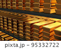 Gold bars stacked on shelves 95332722