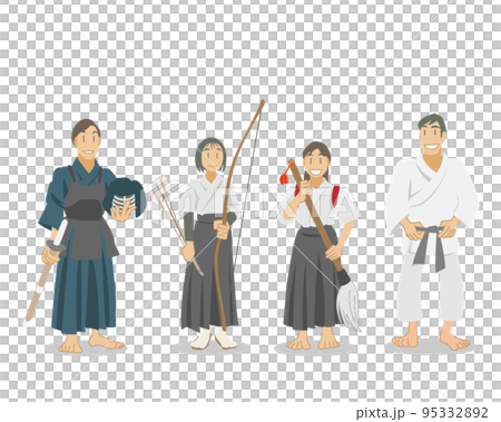 Kyudo, Kendo. Young people practicing judo and calligraphy Kyudo, Kendo. Young people practicing judo and calligraphy 95332892