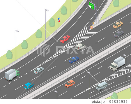アイソメトリック図法で描いた高速道路の出口付近のイメージ(無地) アイソメトリック図法で描いた高速道路の出口付近のイメージ(無地) 95332935