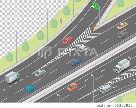 アイソメトリック図法で描いた高速道路の出口付近のイメージ(無地) アイソメトリック図法で描いた高速道路の出口付近のイメージ(無地) 95332935