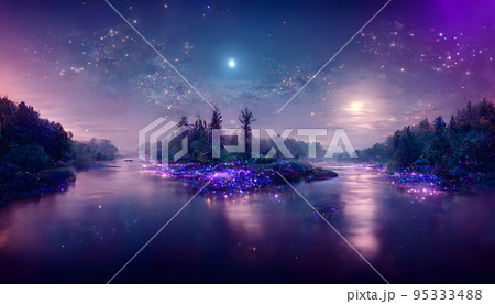 Magical Night River Landscape With...のイラスト素材 [95333488] - PIXTA