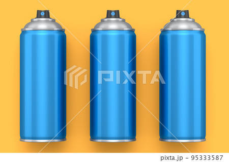 Set of spray paint cans on yellow background. Spray bottle and dispenser Set of spray paint cans on yellow background. Spray bottle and dispenser 95333587