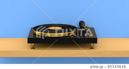 Vinyl record player or DJ turntable with retro vinyl disk on blue background. Vinyl record player or DJ turntable with retro vinyl disk on blue background. 95333616