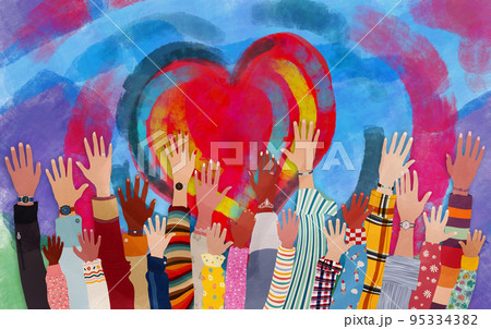 Group of diverse people with arms and hands raised towards a hand painted heart. Charity donation and volunteer work. Support and assistance. Multicultural and multiethnic community. People diversity 95334382