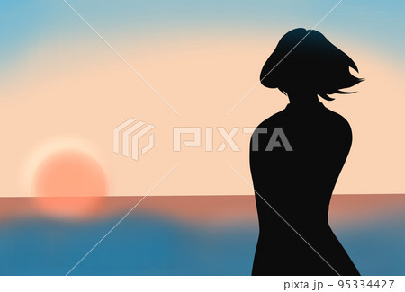夕方の海と女性のイラストのイラスト素材 [95334427] - PIXTA
