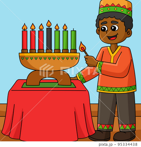 Kwanzaa Boy Lighting Kinara Colored Cartoon  95334438