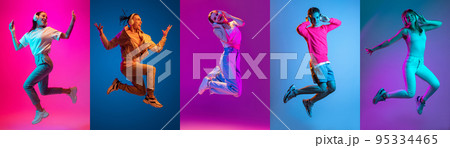 Collage of portraits of young excited expressive people jumping, dancing isolated on multicolored background in neon light. Music, dance, youth, energy 95334465