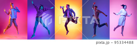 Set of images of young diverse emotional men and women in motion isolated on multicolored background in neon light. Music, dance, youth, energy Set of images of young diverse emotional men and women in motion isolated on multicolored background in neon light. Music, dance, youth, energy 95334488