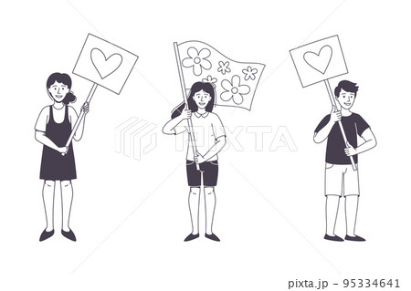 Man and Woman Character Partaking in Demonstration for Peace with Placard Vector Set 95334641