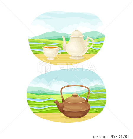 Tea Green Terrace Field Plantation and Teapot with Hot Aromatic Beverage Vector Set 95334702