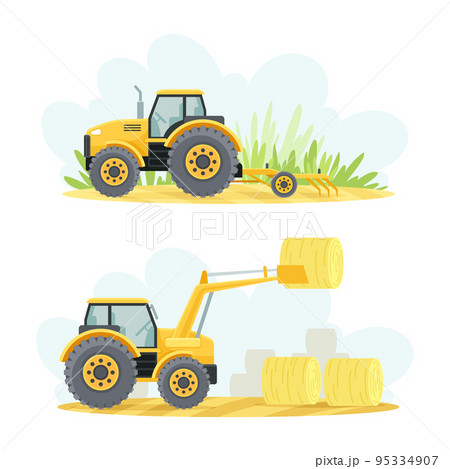 Agricultural Farming Machinery with Plow and Tractor Piling Hay Rolls Vector Set 95334907