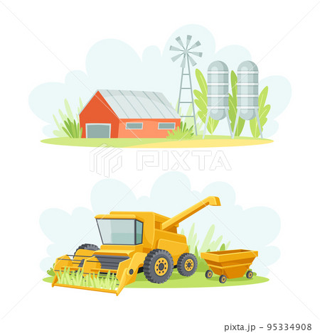 Agricultural Farming Machinery with Combine Harvester and Red Silo with Water Towers Vector Set 95334908