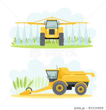 Agricultural Farming Machinery with Sprayer and Combine Harvester Vector Set 95334909