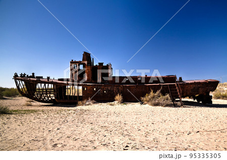 Panorama of ship cemetery near Moynaq at sunrise, Karakalpakstan, Uzbekistan 95335305