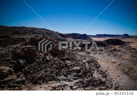 Aerial panoramic view to El Berdj mountain and erg gorge in Tassili nAjjer national park, Algeria 95335316