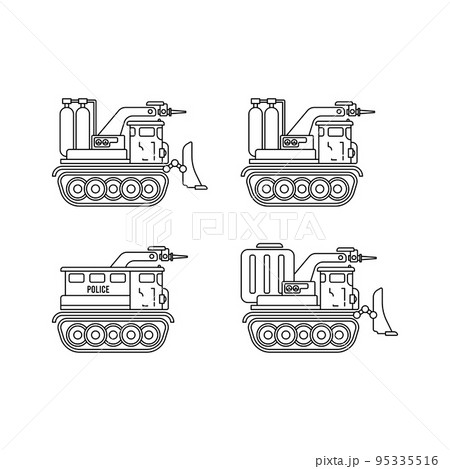 Line vector icon set illustration firefighters caterpillar truck. Emergency assistance heavy vehicle. Simple retro style. Fireman lifeguard. Maintenance rescue. Fire department. Extinguisher. Siren. 95335516