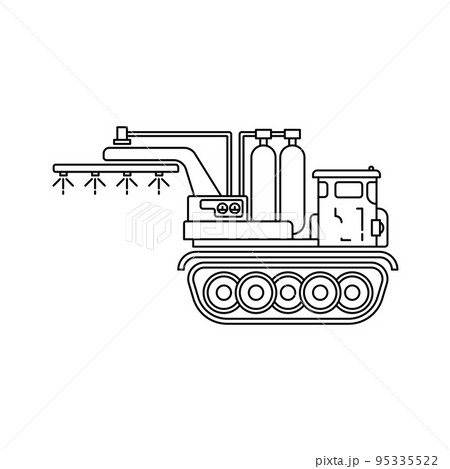Line flat vector illustration icon industrial farming machinery caterpillar truck fertilizers sprayer. Simple retro style. Agronomy industrial tool transportation. Power harvesting tractor diesel. 95335522