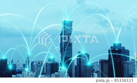 Smart digital city with connection network reciprocity over the cityscape Smart digital city with connection network reciprocity over the cityscape 95336315