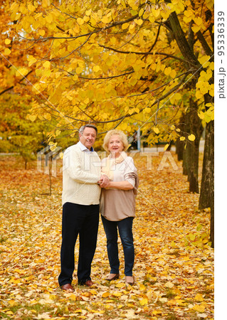 Active seniors on a walk in forest 95336339
