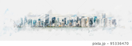 Digital watercolor painting of Miami skyline with skyscrapers Digital watercolor painting of Miami skyline with skyscrapers 95336470