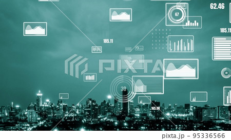 Business data analytic interface fly over smart city showing alteration future 95336566