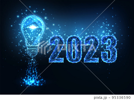 Abstract 2023 vision, startup concept banner in futuristic glowing polygonal style on dark blue background. 95336590