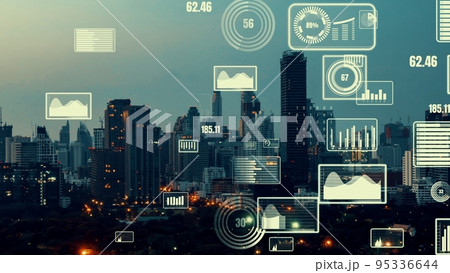 Business data analytic interface fly over smart city showing alteration future 95336644