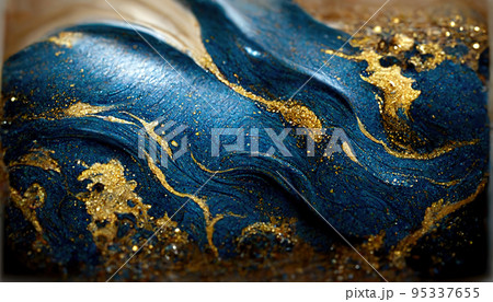 Spectacular dark blue and gold ink swirled around. Digital art 3D illustration. Spectacular dark blue and gold ink swirled around. Digital art 3D illustration. 95337655
