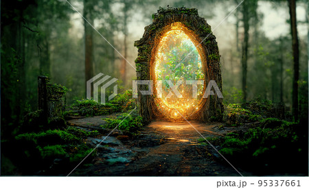 Spectacular portal archway in fantasy forest. Digital art 3D illustration Spectacular portal archway in fantasy forest. Digital art 3D illustration 95337661