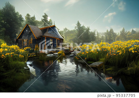 Painting style digital art of spectacular cottage in forest 95337705