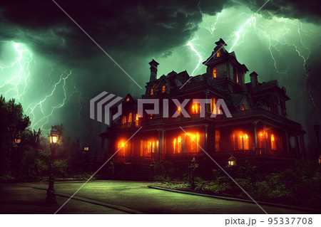 Abandoned ghost house scary night spectacular 3D illustration digital painting Abandoned ghost house scary night spectacular 3D illustration digital painting 95337708